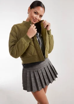 Pink Vanilla Khaki Textured Puffer Bomber Jacket