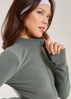 Pink Vanilla Khaki Two Tone Rib Double Zip Top