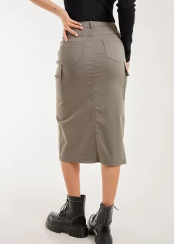 Pink Vanilla Khaki Utility Cargo Midi Slit Skirt