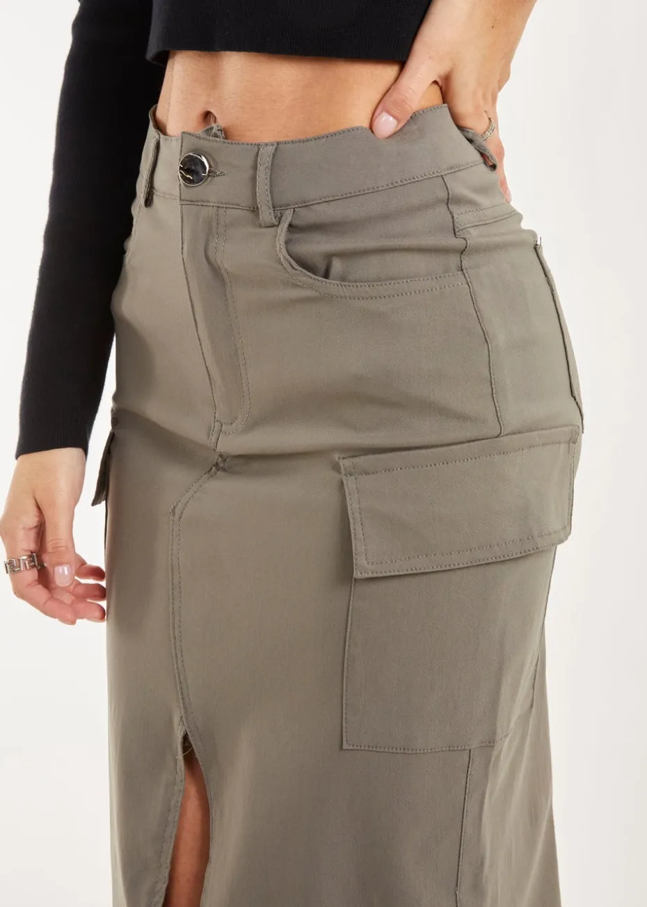 Pink Vanilla Khaki Utility Cargo Midi Slit Skirt
