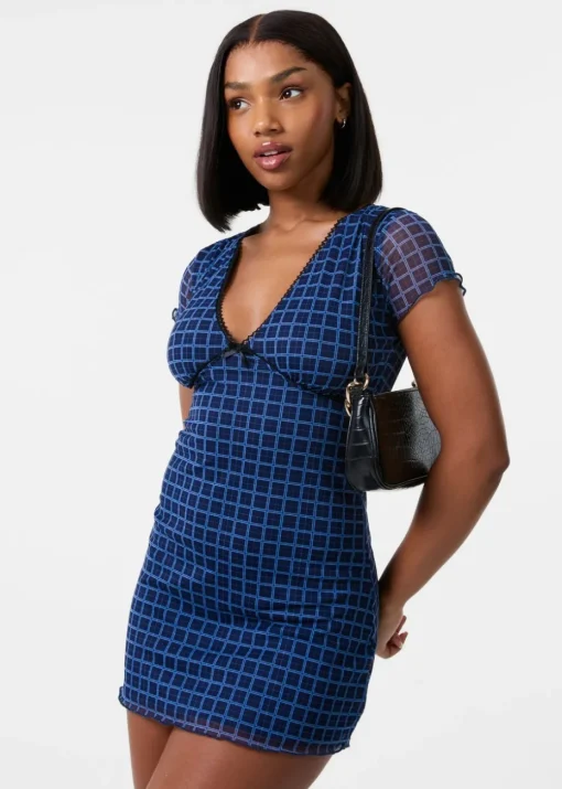 Pink Vanilla Navy Check Cap Sleeve Mini Dress