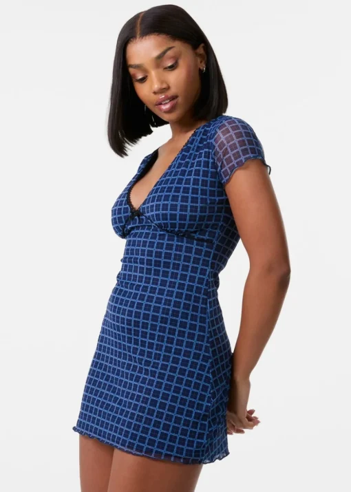 Pink Vanilla Navy Check Cap Sleeve Mini Dress