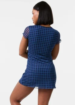 Pink Vanilla Navy Check Cap Sleeve Mini Dress