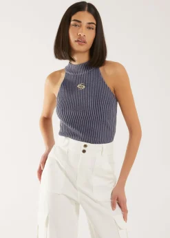 Pink Vanilla Navy High Neck Logo Detail Racer Top