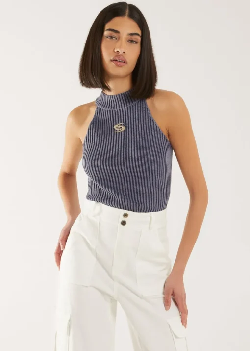 Pink Vanilla Navy High Neck Logo Detail Racer Top