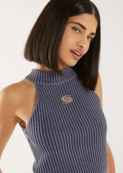 Pink Vanilla Navy High Neck Logo Detail Racer Top