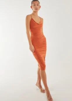 Pink Vanilla Orange Cowl  Neck Midi Dress