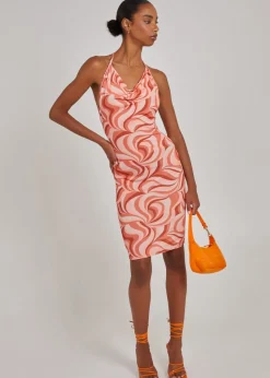 Pink Vanilla Orange Swirl Print Cowl Neck Mini Dress