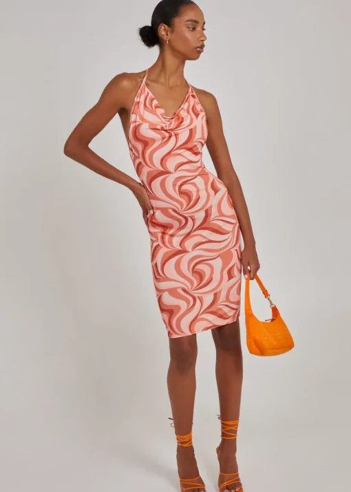 Pink Vanilla Orange Swirl Print Cowl Neck Mini Dress