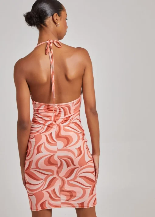 Pink Vanilla Orange Swirl Print Cowl Neck Mini Dress