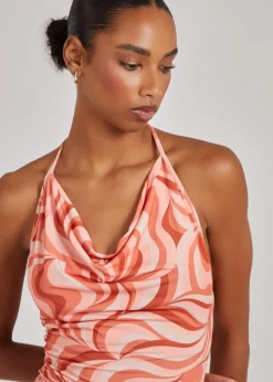 Pink Vanilla Orange Swirl Print Cowl Neck Mini Dress