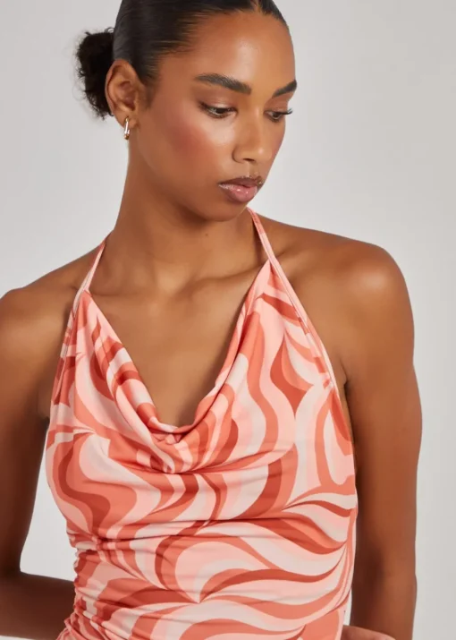 Pink Vanilla Orange Swirl Print Cowl Neck Mini Dress