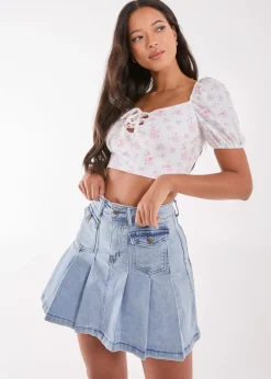 Pink Vanilla Pink Floral Puff Sleeve Crop Top