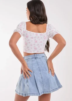 Pink Vanilla Pink Floral Puff Sleeve Crop Top
