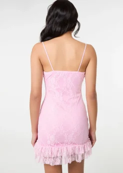 Pink Vanilla Pink Lace Cami Ruffle Mini Dress
