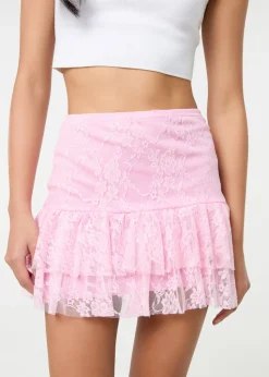 Pink Vanilla Pink Lace Ruffle Mini Skirt