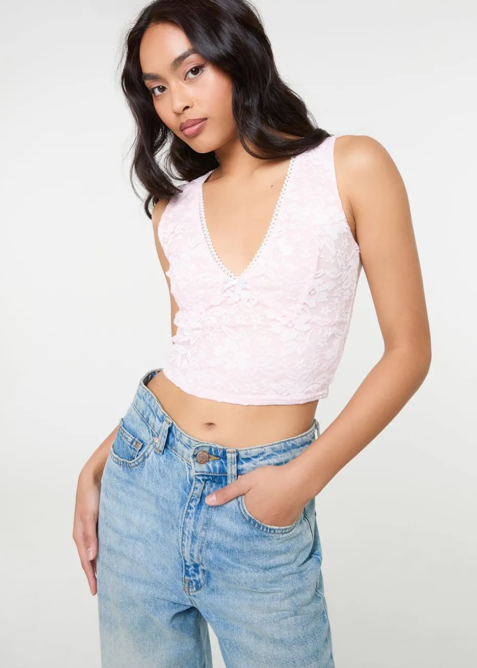 Pink Vanilla Pink V Neck Lace Crop Top