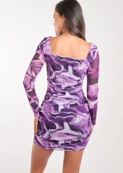 Pink Vanilla Purple Mesh Marble Long Sleeve Mini Dress