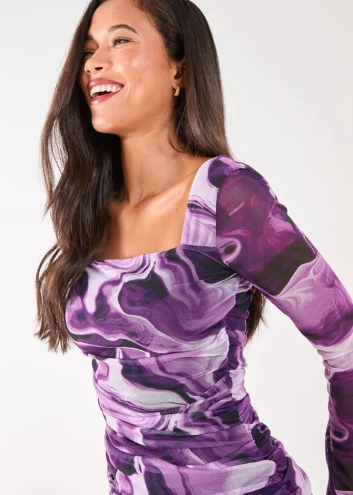 Pink Vanilla Purple Mesh Marble Long Sleeve Mini Dress