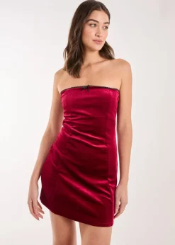 Pink Vanilla Red Bow Bandeau Velvet Mini Dress