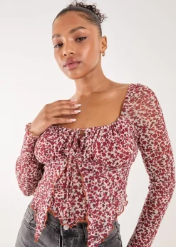 Pink Vanilla Red Ditsy Floral Print Long Sleeve Butterfly