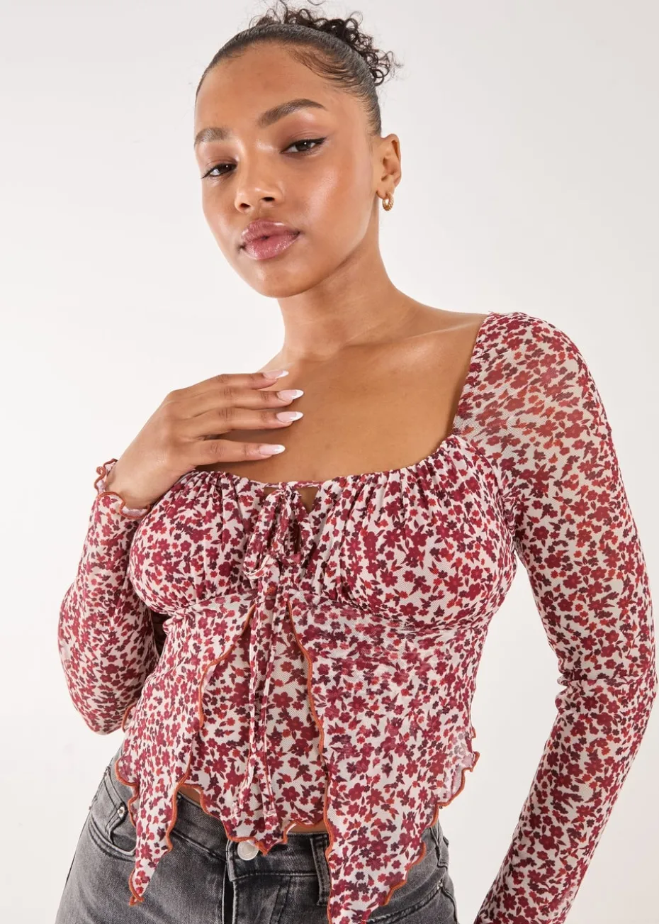 Pink Vanilla Red Ditsy Floral Print Long Sleeve Butterfly