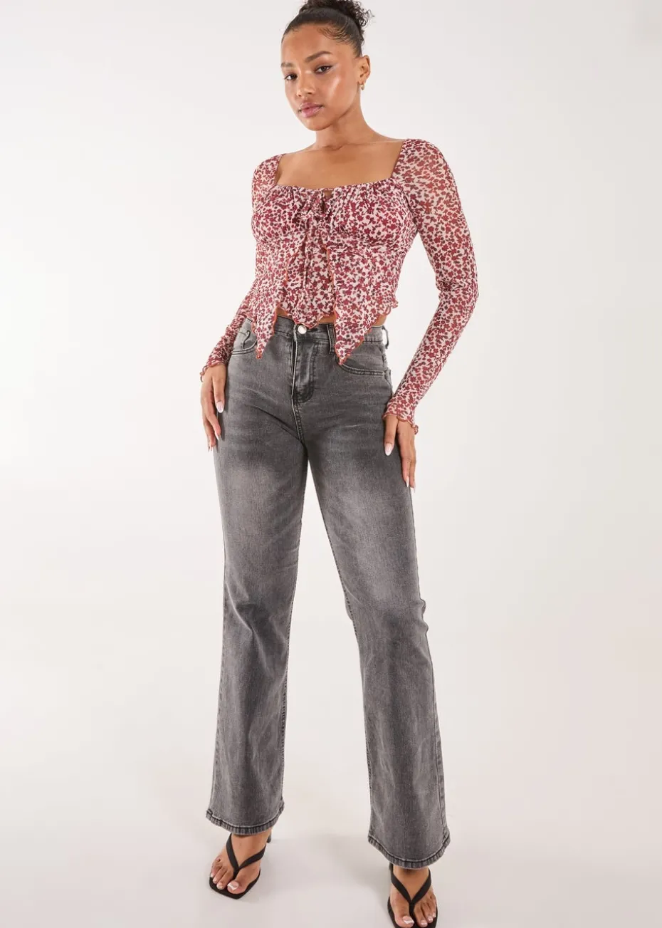 Pink Vanilla Red Ditsy Floral Print Long Sleeve Butterfly