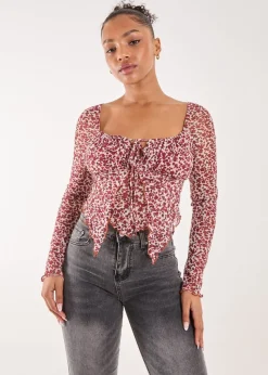 Pink Vanilla Red Ditsy Floral Print Long Sleeve Butterfly