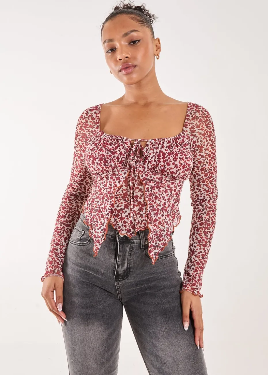 Pink Vanilla Red Ditsy Floral Print Long Sleeve Butterfly
