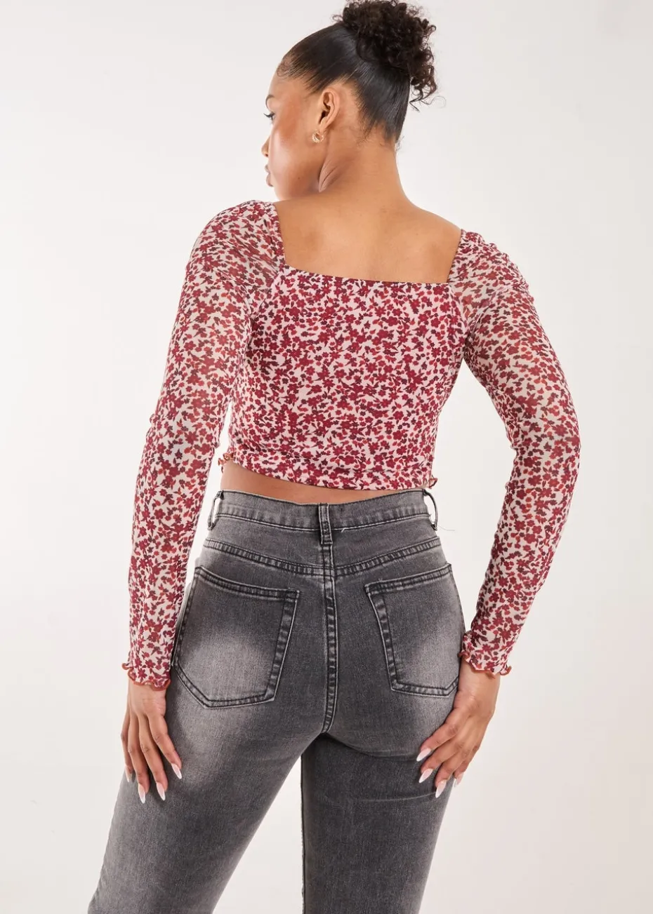 Pink Vanilla Red Ditsy Floral Print Long Sleeve Butterfly