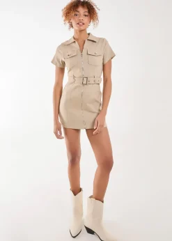 Pink Vanilla Stone Belted Utility Mini Dress