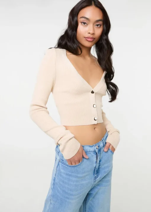 Pink Vanilla Stone Button Front Cropped Cardigan