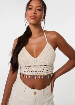 Pink Vanilla Stone Crochet Bralette With Shell Detail