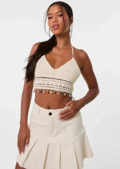 Pink Vanilla Stone Crochet Bralette With Shell Detail