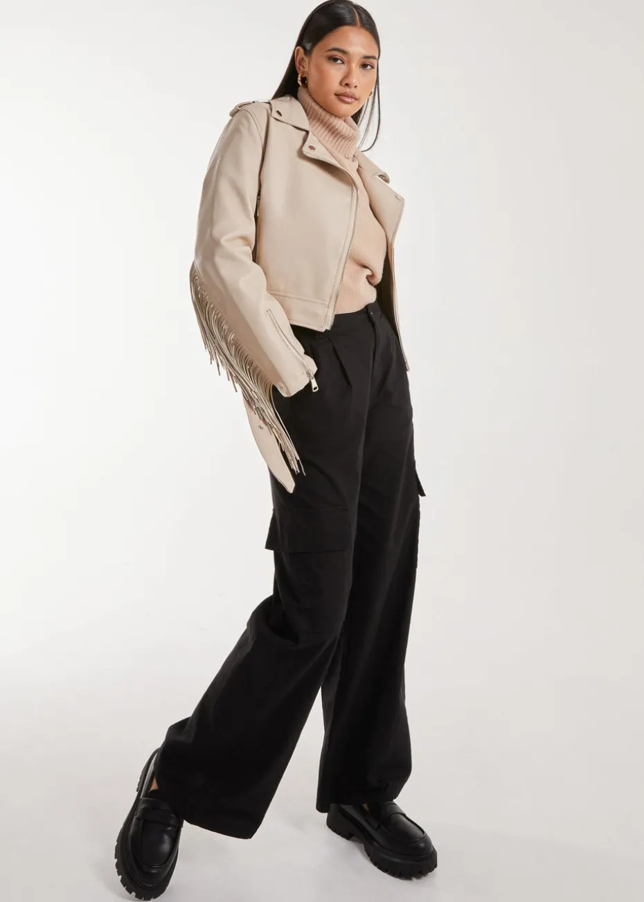 Pink Vanilla Stone Fringed Cropped PU Jacket