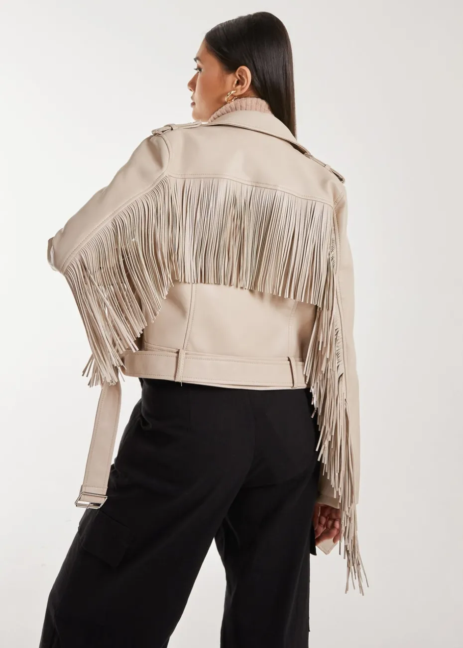 Pink Vanilla Stone Fringed Cropped PU Jacket