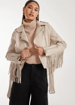 Pink Vanilla Stone Fringed Cropped PU Jacket