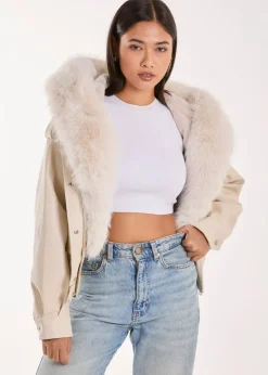 Pink Vanilla Stone Fur Hooded Cropped Utility Jacket