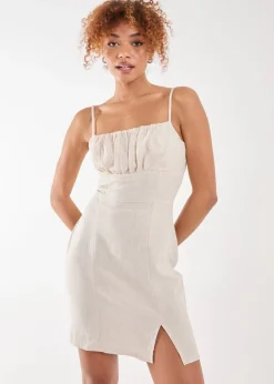 Pink Vanilla Stone Linen Ruched Strappy Mini Dress