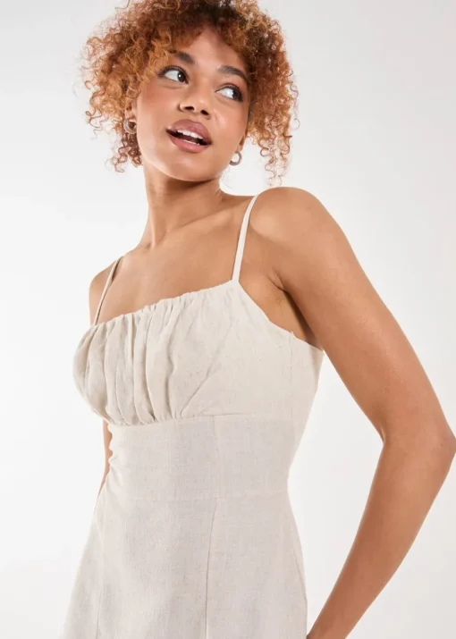 Pink Vanilla Stone Linen Ruched Strappy Mini Dress