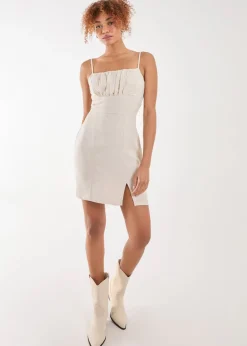 Pink Vanilla Stone Linen Ruched Strappy Mini Dress