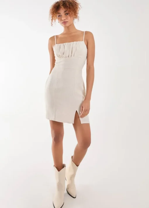 Pink Vanilla Stone Linen Ruched Strappy Mini Dress