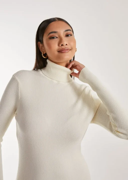 Pink Vanilla Stone Ribbed Roll Neck Midi Dress