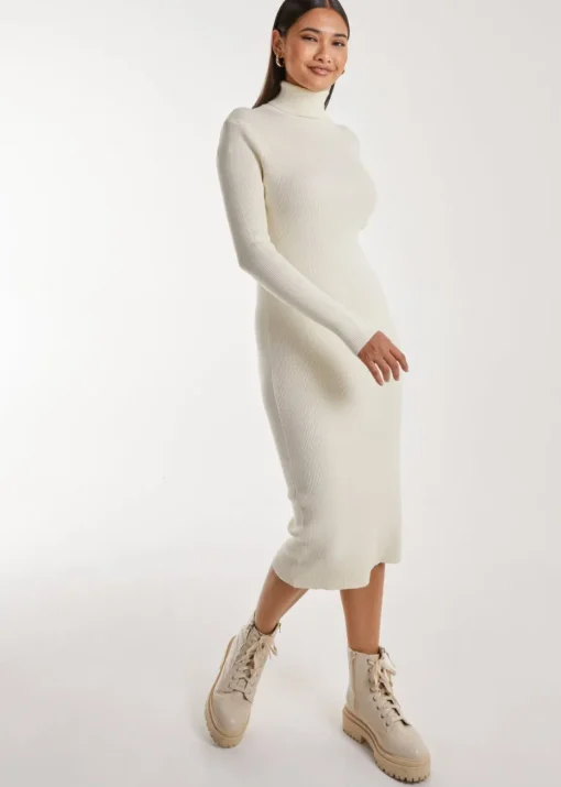 Pink Vanilla Stone Ribbed Roll Neck Midi Dress