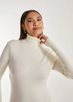 Pink Vanilla Stone Ribbed Roll Neck Midi Dress