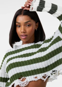 Pink Vanilla White Distressed Striped Crop Knit Jumper
