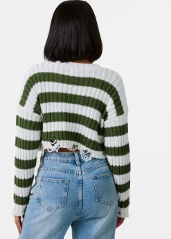 Pink Vanilla White Distressed Striped Crop Knit Jumper
