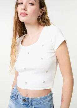 Pink Vanilla White Embellished Wash Rib Top