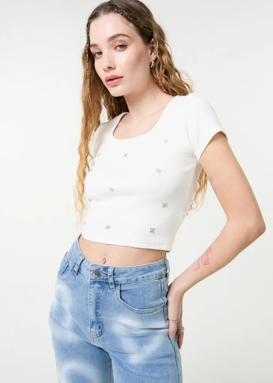 Pink Vanilla White Embellished Wash Rib Top