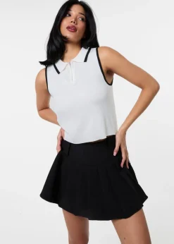 Pink Vanilla White Half Zip Crop Polo Top With Contrast Piping